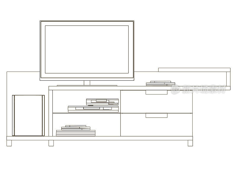 Contour nightstand with TV. Table for home appliances. Front view. Vector illustration